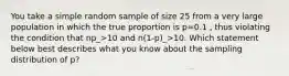 You take a simple random sample of size 25 from a very large population in which the true proportion is p=0.1 , thus violating the condition that np_>10 and n(1-p)_>10. Which statement below best describes what you know about the sampling distribution of p?