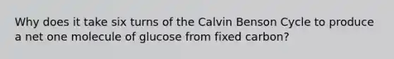 Why does it take six turns of the Calvin Benson Cycle to produce a net one molecule of glucose from fixed carbon?