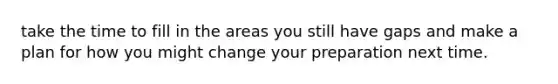 take the time to fill in the areas you still have gaps and make a plan for how you might change your preparation next time.