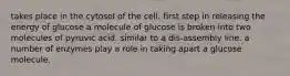 takes place in the cytosol of the cell. first step in releasing the energy of glucose a molecule of glucose is broken into two molecules of pyruvic acid. similar to a dis-assembly line. a number of enzymes play a role in taking apart a glucose molecule.