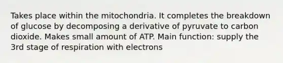 Takes place within the mitochondria. It completes the breakdown of glucose by decomposing a derivative of pyruvate to carbon dioxide. Makes small amount of ATP. Main function: supply the 3rd stage of respiration with electrons