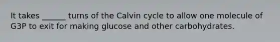 It takes ______ turns of the Calvin cycle to allow one molecule of G3P to exit for making glucose and other carbohydrates.