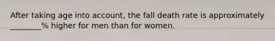 After taking age into account, the fall death rate is approximately ________% higher for men than for women.