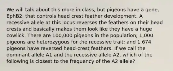 We will talk about this more in class, but pigeons have a gene, EphB2, that controls head crest feather development. A recessive allele at this locus reverses the feathers on their head crests and basically makes them look like they have a huge cowlick. There are 100,000 pigeons in the population; 1,000 pigeons are heterozygous for the recessive trait; and 1,674 pigeons have reversed head-crest feathers. If we call the dominant allele A1 and the recessive allele A2, which of the following is closest to the frequency of the A2 allele?