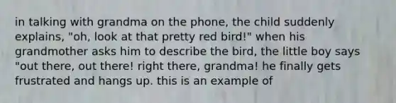 in talking with grandma on the phone, the child suddenly explains, "oh, look at that pretty red bird!" when his grandmother asks him to describe the bird, the little boy says "out there, out there! right there, grandma! he finally gets frustrated and hangs up. this is an example of