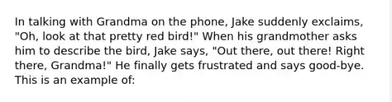 In talking with Grandma on the phone, Jake suddenly exclaims, "Oh, look at that pretty red bird!" When his grandmother asks him to describe the bird, Jake says, "Out there, out there! Right there, Grandma!" He finally gets frustrated and says good-bye. This is an example of: