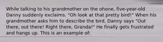 While talking to his grandmother on the ohone, five-year-old Danny suddenly exclaims. "Oh look at that pretty bird!" When his grandmother asks him to describe the bird, Danny says "Out there, out there! Right there, Granda!" He finally gets frustrated and hangs up. This is an example of: