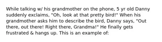 While talking w/ his grandmother on the phone, 5 yr old Danny suddenly exclaims, "Oh, look at that pretty bird!" When his grandmother asks him to describe the bird, Danny says, "Out there, out there! Right there, Grandma!" He finally gets frustrated & hangs up. This is an example of: