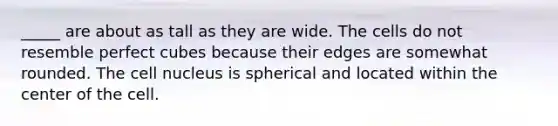 _____ are about as tall as they are wide. The cells do not resemble perfect cubes because their edges are somewhat rounded. The cell nucleus is spherical and located within the center of the cell.