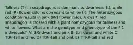 Tallness (T) in snapdragons is dominant to dwarfness (t), while red (R) flower color is dominant to white (r). The heterozygous condition results in pink (Rr) flower color. A dwarf, red snapdragon is crossed with a plant homozygous for tallness and white flowers. What are the genotype and phenotype of the F 1 individuals? A) ttRr-dwarf and pink B) ttrr-dwarf and white C) TtRr-tall and red D) TtRr-tall and pink E) TTRR-tall and red