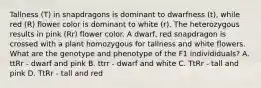 Tallness (T) in snapdragons is dominant to dwarfness (t), while red (R) flower color is dominant to white (r). The heterozygous results in pink (Rr) flower color. A dwarf, red snapdragon is crossed with a plant homozygous for tallness and white flowers. What are the genotype and phenotype of the F1 individiduals? A. ttRr - dwarf and pink B. ttrr - dwarf and white C. TtRr - tall and pink D. TtRr - tall and red