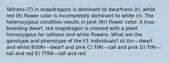 Tallness (T) in snapdragons is dominant to dwarfness (t), while red (R) flower color is incompletely dominant to white (r). The heterozygous condition results in pink (Rr) flower color. A true-breeding dwarf, red snapdragon is crossed with a plant homozygous for tallness and white flowers. What are the genotype and phenotype of the F1 individuals? A) ttrr—dwarf and white B)ttRr—dwarf and pink C) TtRr—tall and pink D) TtRr—tall and red E) TTRR—tall and red