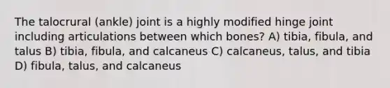 The talocrural (ankle) joint is a highly modified hinge joint including articulations between which bones? A) tibia, fibula, and talus B) tibia, fibula, and calcaneus C) calcaneus, talus, and tibia D) fibula, talus, and calcaneus