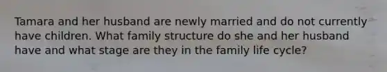 Tamara and her husband are newly married and do not currently have children. What family structure do she and her husband have and what stage are they in the family life cycle?