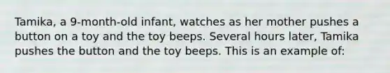 Tamika, a 9-month-old infant, watches as her mother pushes a button on a toy and the toy beeps. Several hours later, Tamika pushes the button and the toy beeps. This is an example of: