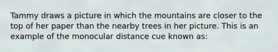 Tammy draws a picture in which the mountains are closer to the top of her paper than the nearby trees in her picture. This is an example of the monocular distance cue known as: