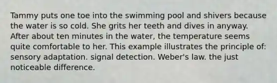 Tammy puts one toe into the swimming pool and shivers because the water is so cold. She grits her teeth and dives in anyway. After about ten minutes in the water, the temperature seems quite comfortable to her. This example illustrates the principle of: sensory adaptation. signal detection. Weber's law. the just noticeable difference.