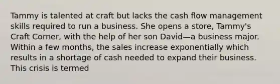 Tammy is talented at craft but lacks the cash flow management skills required to run a business. She opens a store, Tammy's Craft Corner, with the help of her son David—a business major. Within a few months, the sales increase exponentially which results in a shortage of cash needed to expand their business. This crisis is termed