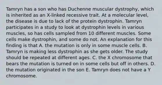 Tamryn has a son who has Duchenne muscular dystrophy, which is inherited as an X-linked recessive trait. At a molecular level, the disease is due to lack of the protein dystrophin. Tamryn participates in a study to look at dystrophin levels in various muscles, so has cells sampled from 10 different muscles. Some cells make dystrophin, and some do not. An explanation for this finding is that A. the mutation is only in some muscle cells. B. Tamryn is making less dystrophin as she gets older. The study should be repeated at different ages. C. the X chromosome that bears the mutation is turned on in some cells but off in others. D. the mutation originated in the son E. Tamryn does not have a Y chromosome.