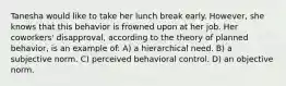 Tanesha would like to take her lunch break early. However, she knows that this behavior is frowned upon at her job. Her coworkers' disapproval, according to the theory of planned behavior, is an example of: A) a hierarchical need. B) a subjective norm. C) perceived behavioral control. D) an objective norm.