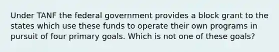 Under TANF the federal government provides a block grant to the states which use these funds to operate their own programs in pursuit of four primary goals. Which is not one of these goals?