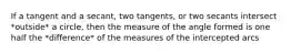 If a tangent and a secant, two tangents, or two secants intersect *outside* a circle, then the measure of the angle formed is one half the *difference* of the measures of the intercepted arcs