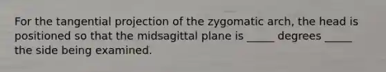 For the tangential projection of the zygomatic arch, the head is positioned so that the midsagittal plane is _____ degrees _____ the side being examined.