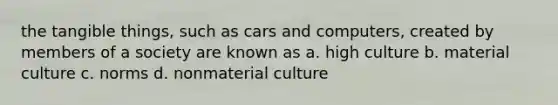 the tangible things, such as cars and computers, created by members of a society are known as a. high culture b. material culture c. norms d. nonmaterial culture