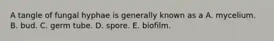 A tangle of fungal hyphae is generally known as a A. mycelium. B. bud. C. germ tube. D. spore. E. biofilm.