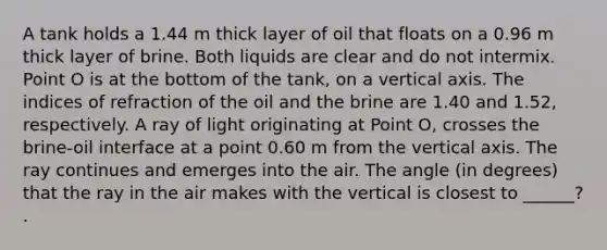 A tank holds a 1.44 m thick layer of oil that floats on a 0.96 m thick layer of brine. Both liquids are clear and do not intermix. Point O is at the bottom of the tank, on a vertical axis. The indices of refraction of the oil and the brine are 1.40 and 1.52, respectively. A ray of light originating at Point O, crosses the brine-oil interface at a point 0.60 m from the vertical axis. The ray continues and emerges into the air. The angle (in degrees) that the ray in the air makes with the vertical is closest to ______? .