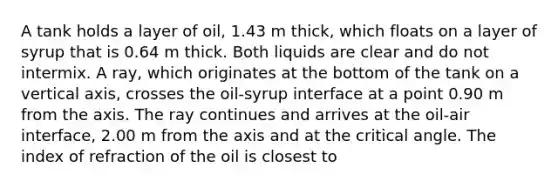 A tank holds a layer of oil, 1.43 m thick, which floats on a layer of syrup that is 0.64 m thick. Both liquids are clear and do not intermix. A ray, which originates at the bottom of the tank on a vertical axis, crosses the oil-syrup interface at a point 0.90 m from the axis. The ray continues and arrives at the oil-air interface, 2.00 m from the axis and at the critical angle. The index of refraction of the oil is closest to