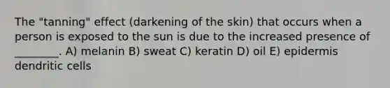 The "tanning" effect (darkening of the skin) that occurs when a person is exposed to the sun is due to the increased presence of ________. A) melanin B) sweat C) keratin D) oil E) epidermis dendritic cells