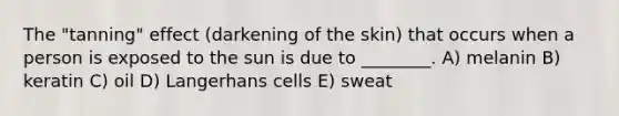 The "tanning" effect (darkening of the skin) that occurs when a person is exposed to the sun is due to ________. A) melanin B) keratin C) oil D) Langerhans cells E) sweat