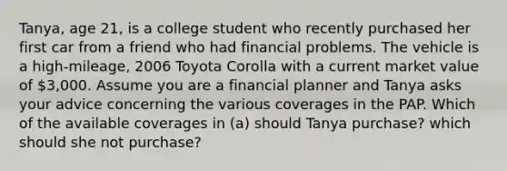 Tanya, age 21, is a college student who recently purchased her first car from a friend who had financial problems. The vehicle is a high-mileage, 2006 Toyota Corolla with a current market value of 3,000. Assume you are a financial planner and Tanya asks your advice concerning the various coverages in the PAP. Which of the available coverages in (a) should Tanya purchase? which should she not purchase?