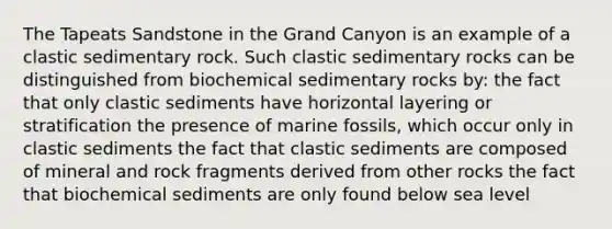 The Tapeats Sandstone in the Grand Canyon is an example of a clastic sedimentary rock. Such clastic sedimentary rocks can be distinguished from biochemical sedimentary rocks by: the fact that only clastic sediments have horizontal layering or stratification the presence of marine fossils, which occur only in clastic sediments the fact that clastic sediments are composed of mineral and rock fragments derived from other rocks the fact that biochemical sediments are only found below sea level