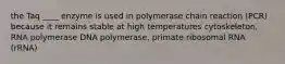 the Taq ____ enzyme is used in polymerase chain reaction (PCR) because it remains stable at high temperatures cytoskeleton, RNA polymerase DNA polymerase, primate ribosomal RNA (rRNA)