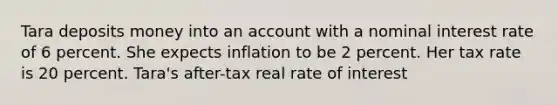 Tara deposits money into an account with a nominal interest rate of 6 percent. She expects inflation to be 2 percent. Her tax rate is 20 percent. Tara's after-tax real rate of interest