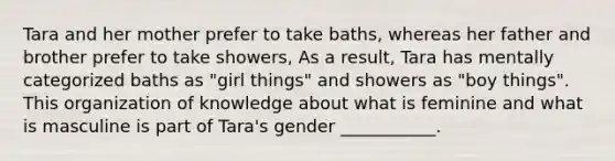 Tara and her mother prefer to take baths, whereas her father and brother prefer to take showers, As a result, Tara has mentally categorized baths as "girl things" and showers as "boy things". This organization of knowledge about what is feminine and what is masculine is part of Tara's gender ___________.