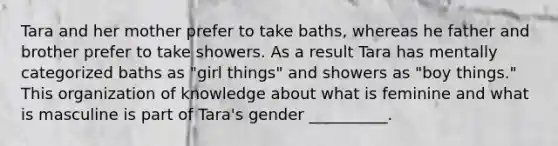 Tara and her mother prefer to take baths, whereas he father and brother prefer to take showers. As a result Tara has mentally categorized baths as "girl things" and showers as "boy things." This organization of knowledge about what is feminine and what is masculine is part of Tara's gender __________.