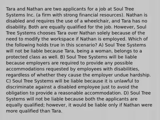 Tara and Nathan are two applicants for a job at Soul Tree Systems Inc. (a firm with strong financial resources). Nathan is disabled and requires the use of a wheelchair, and Tara has no disability. Both are equally qualified for the job. However, Soul Tree Systems chooses Tara over Nathan solely because of the need to modify the workspace if Nathan is employed. Which of the following holds true in this scenario? A) Soul Tree Systems will not be liable because Tara, being a woman, belongs to a protected class as well. B) Soul Tree Systems will be liable because employers are required to provide any possible accommodations requested by employees with disabilities, regardless of whether they cause the employer undue hardship. C) Soul Tree Systems will be liable because it is unlawful to discriminate against a disabled employee just to avoid the obligation to provide a reasonable accommodation. D) Soul Tree Systems will not be liable because both the applicants are equally qualified; however, it would be liable only if Nathan were more qualified than Tara.