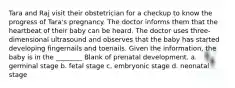 Tara and Raj visit their obstetrician for a checkup to know the progress of Tara's pregnancy. The doctor informs them that the heartbeat of their baby can be heard. The doctor uses three-dimensional ultrasound and observes that the baby has started developing fingernails and toenails. Given the information, the baby is in the ________ Blank of prenatal development. a. germinal stage b. fetal stage c. embryonic stage d. neonatal stage