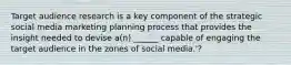 Target audience research is a key component of the strategic social media marketing planning process that provides the insight needed to devise a(n) ______ capable of engaging the target audience in the zones of social media.'?