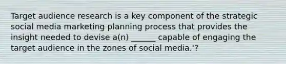 Target audience research is a key component of the strategic social media marketing planning process that provides the insight needed to devise a(n) ______ capable of engaging the target audience in the zones of social media.'?