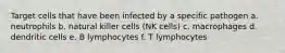 Target cells that have been infected by a specific pathogen a. neutrophils b. natural killer cells (NK cells) c. macrophages d. dendritic cells e. B lymphocytes f. T lymphocytes