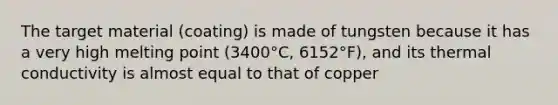 The target material (coating) is made of tungsten because it has a very high melting point (3400°C, 6152°F), and its thermal conductivity is almost equal to that of copper