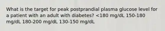 What is the target for peak postprandial plasma glucose level for a patient with an adult with diabetes? <180 mg/dL 150-180 mg/dL 180-200 mg/dL 130-150 mg/dL