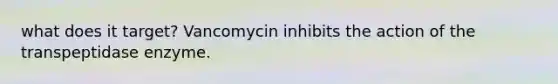 what does it target? Vancomycin inhibits the action of the transpeptidase enzyme.