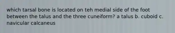 which tarsal bone is located on teh medial side of the foot between the talus and the three cuneiform? a talus b. cuboid c. navicular calcaneus