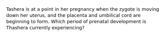 Tashera is at a point in her pregnancy when the zygote is moving down her uterus, and the placenta and umbilical cord are beginning to form. Which period of prenatal development is Thashera currently experiencing?