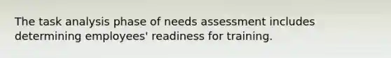 The task analysis phase of needs assessment includes determining employees' readiness for training.